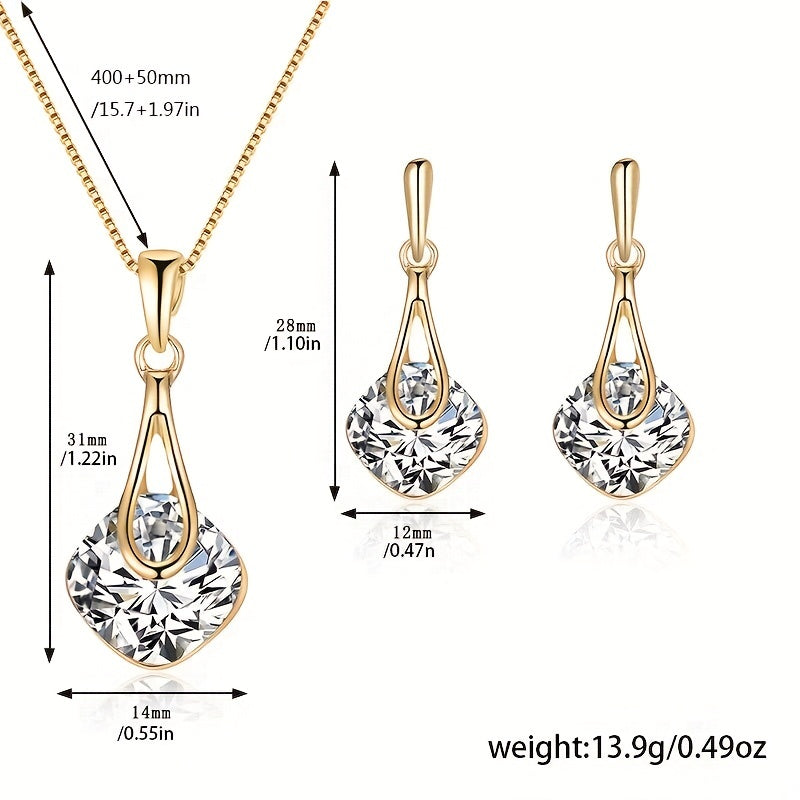 Inlaid Square Shape Artificial Crystal Jewelry Set With Pendant Necklace & Drop Earrings Prom Costume Jewelry Set For Women