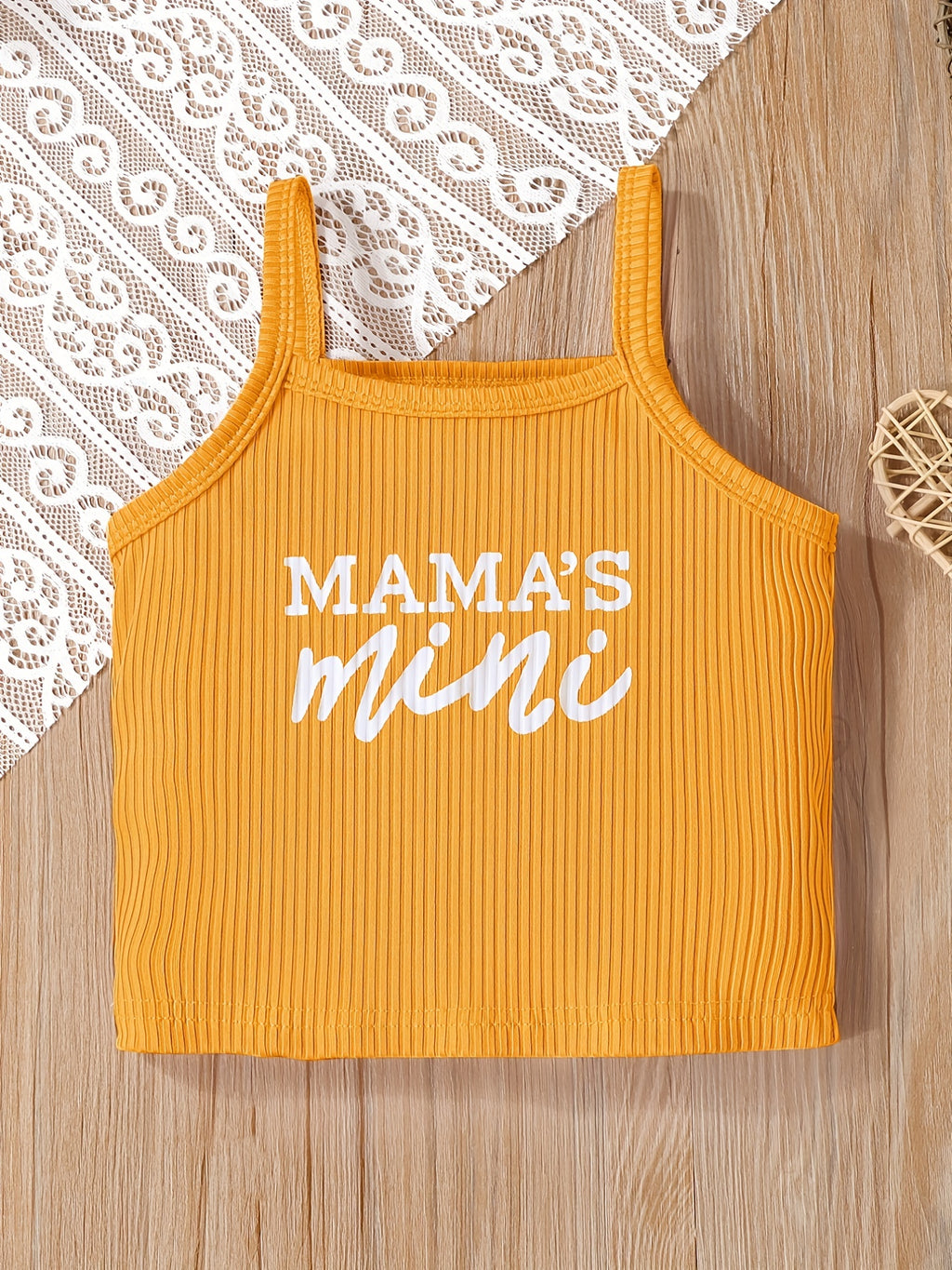 2pcs Toddler Girls Letter "MAMA'S MINI" Graphic Cami Top & Elastic Waist Shorts Set Kids Summer Outdoor Clothes