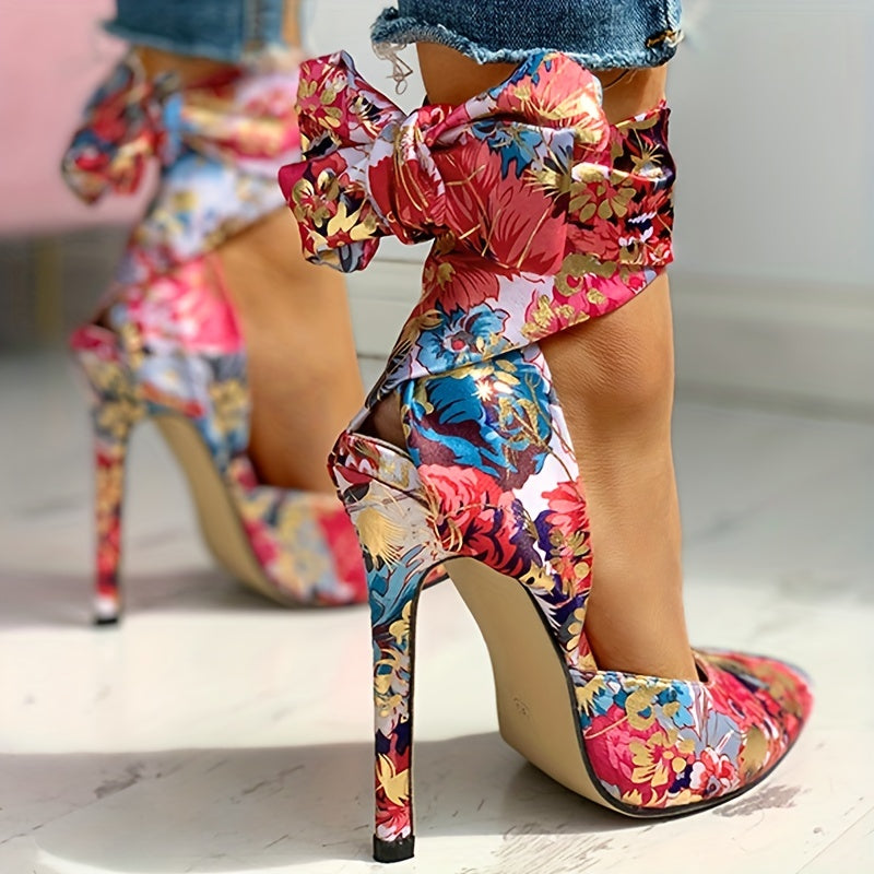 Women's Floral Printed Satin High Heels, Fashion Pointed Toe Lace Up D'Orsay Stiletto Sandals, Party & Dress Pumps