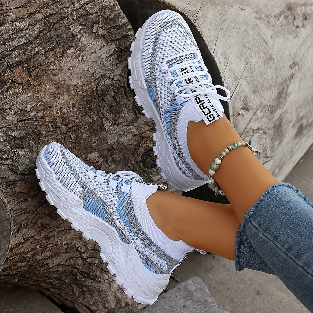Women'S Color-Blocked Casual Sneakers, Breathable Lace-Up Running Shoes with Flying Woven Design, Stylish Mesh Platform Casual Footwear.