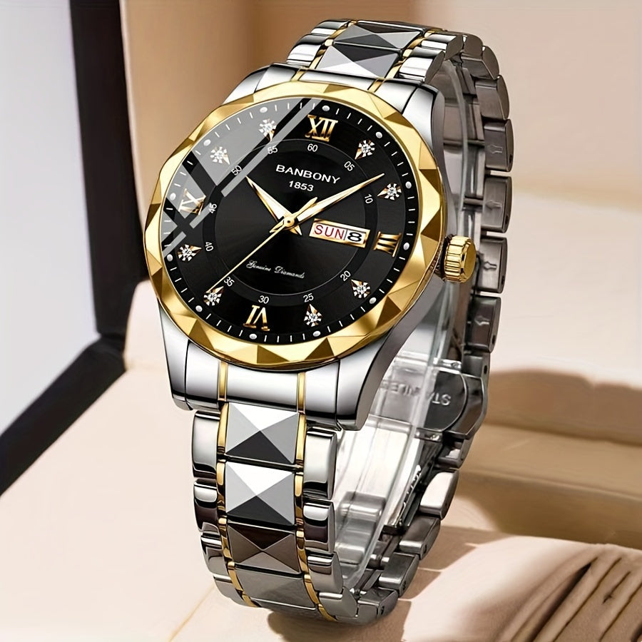1pc Stainless Steel Strap Men'S Roman Numerals Dial Rhinestones Multifunctional Watch, Ideal for Birthday, Holiday Gifts Valentine'S Day