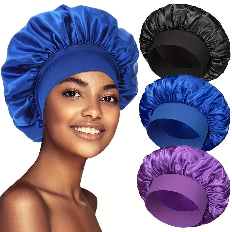 Solid Color Wide Elastic Band Satin Sleep Bonnet Soft Night Sleeping Cap For Women