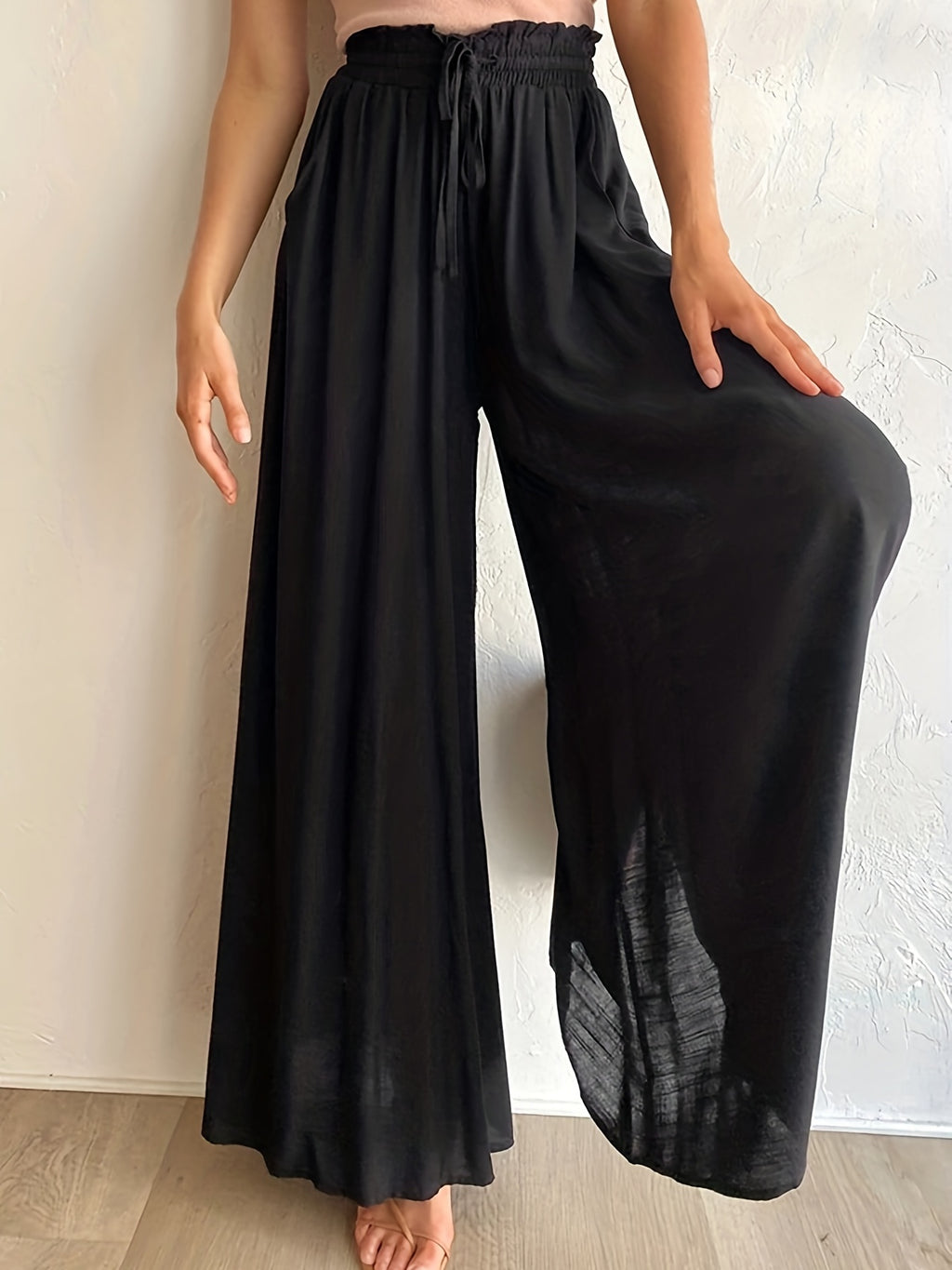 Boho Drawstring Wide Leg Pants, Casual Smocked Waist Elastic Palazzo Pants For Spring & Summer, Women's Clothing
