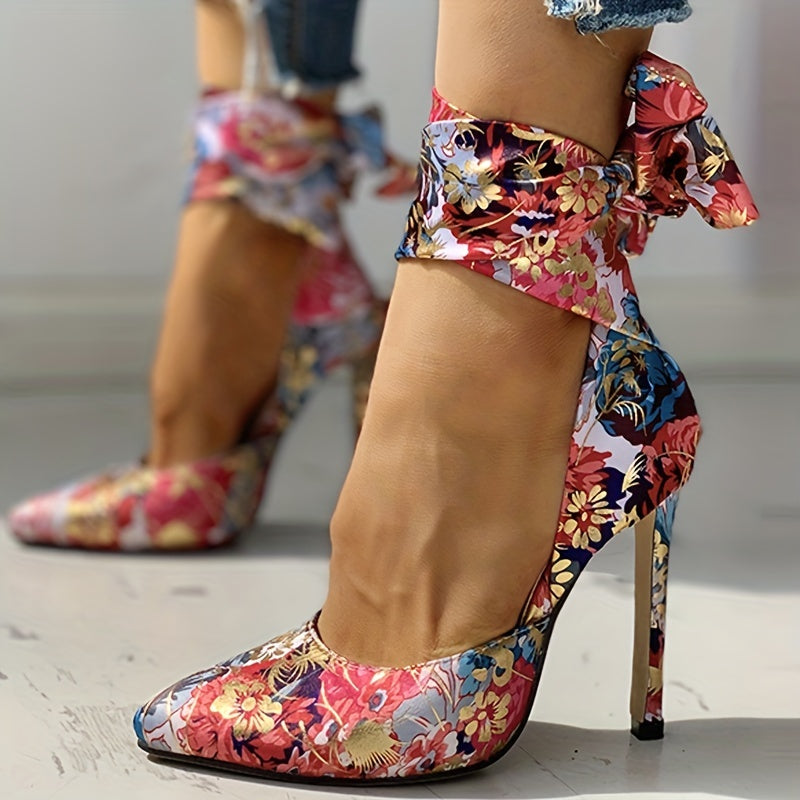 Women's Floral Printed Satin High Heels, Fashion Pointed Toe Lace Up D'Orsay Stiletto Sandals, Party & Dress Pumps