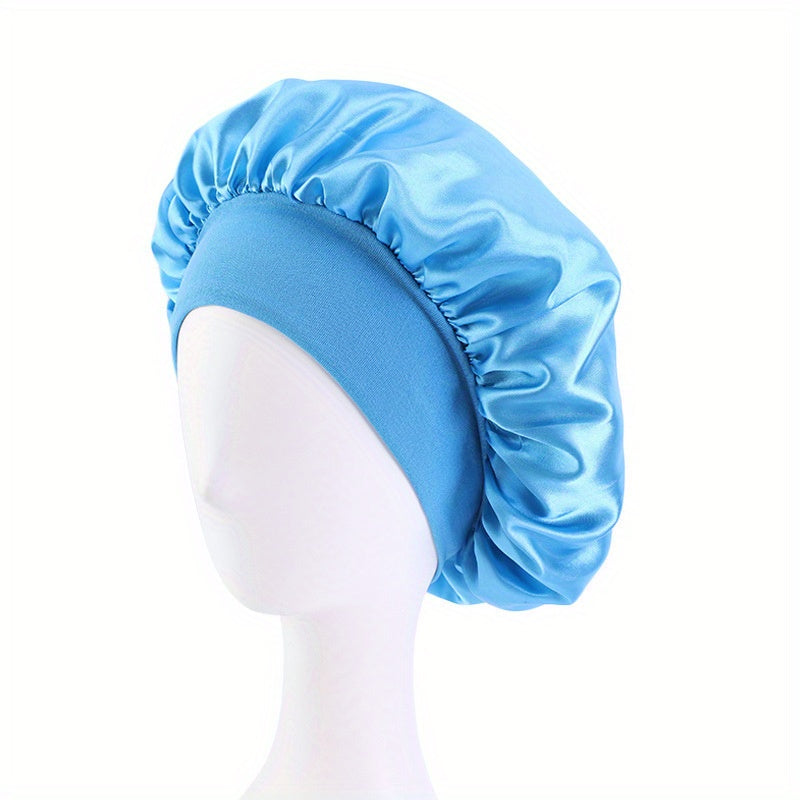 Solid Color Wide Elastic Band Satin Sleep Bonnet Soft Night Sleeping Cap For Women