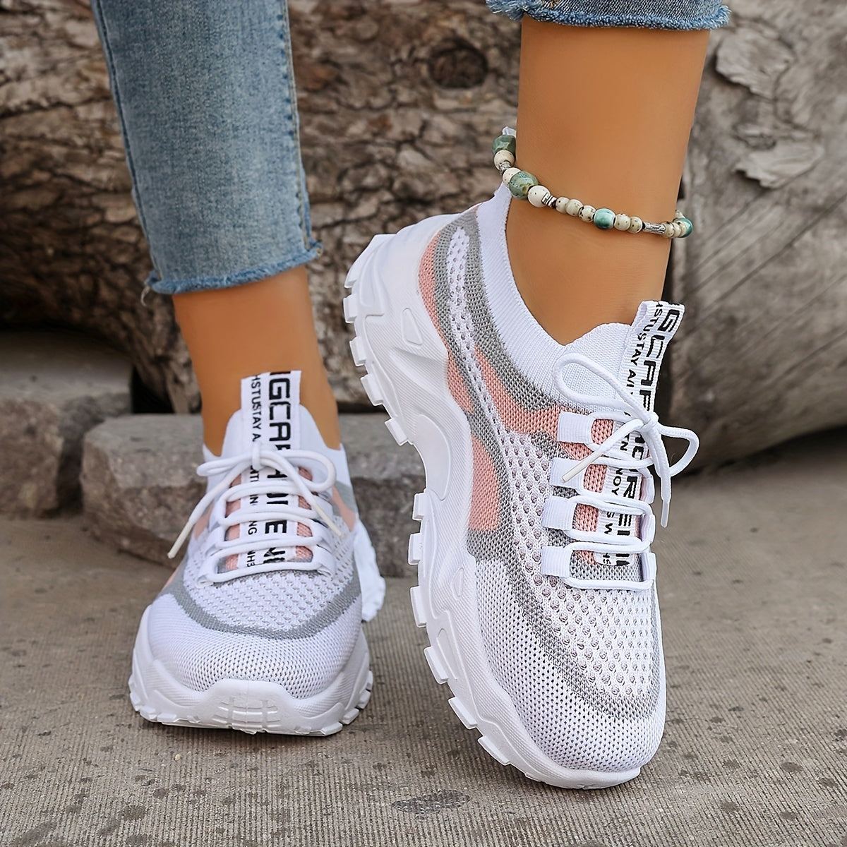 Women'S Color-Blocked Casual Sneakers, Breathable Lace-Up Running Shoes with Flying Woven Design, Stylish Mesh Platform Casual Footwear.