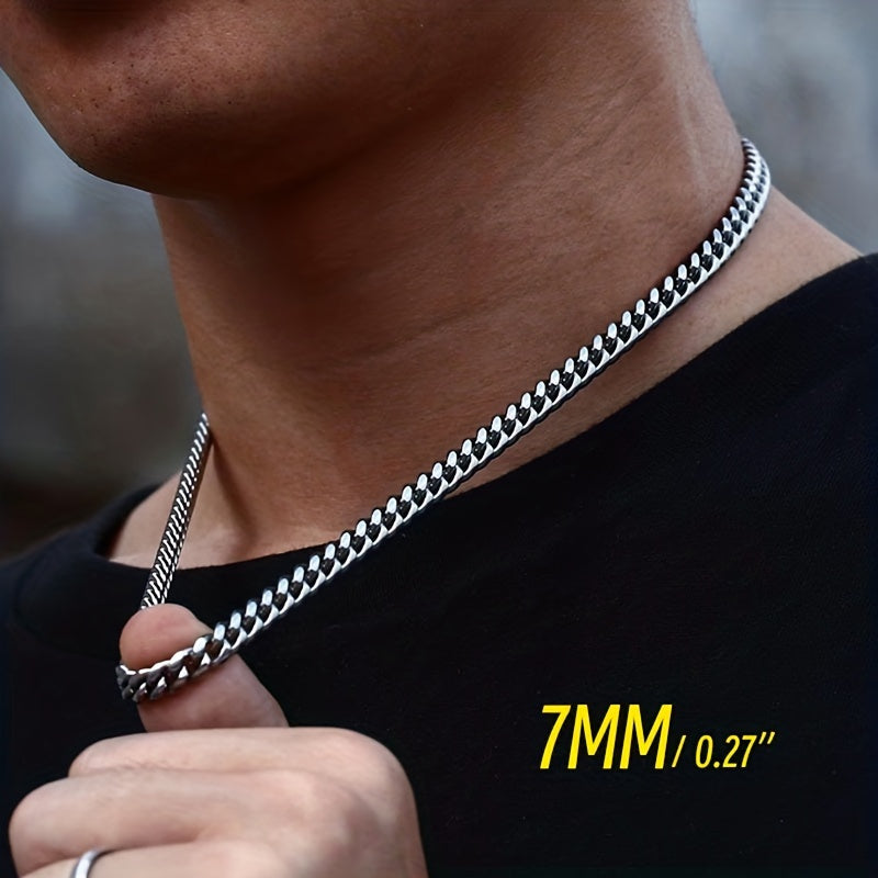 3mm 5mm 7mm Wide Stainless Steel Cuban Link Chain Necklace - Punk Rock Style Unisex Adjustable 16/20/24 Inch Edgy Jewelry for Men & Women, Durable Choker for Casual & Formal Wear, Bold Design, Polished Finish, Fashion Enthusi