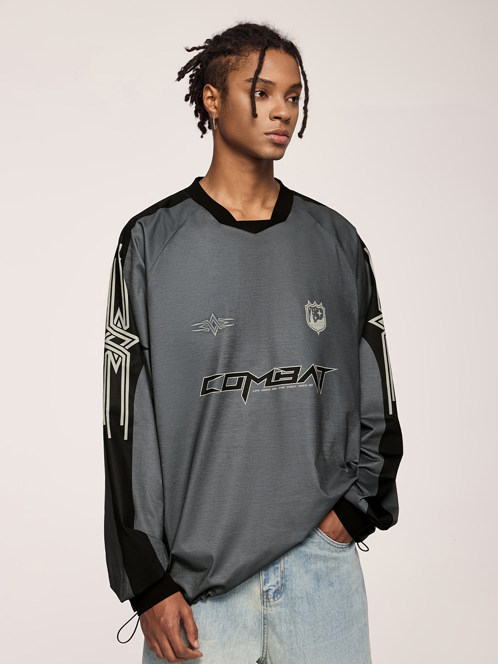 Men'S Casual Polyester Long Sleeve T-Shirt with "COMET" Print, Black & White Striped Design, Loose Fit, Sweetheart Neckline, Non-Stretch Fabric, Perfect for Spring, Summer, and Fall, Casual Wear | Sporty Casualwear | Polyeste