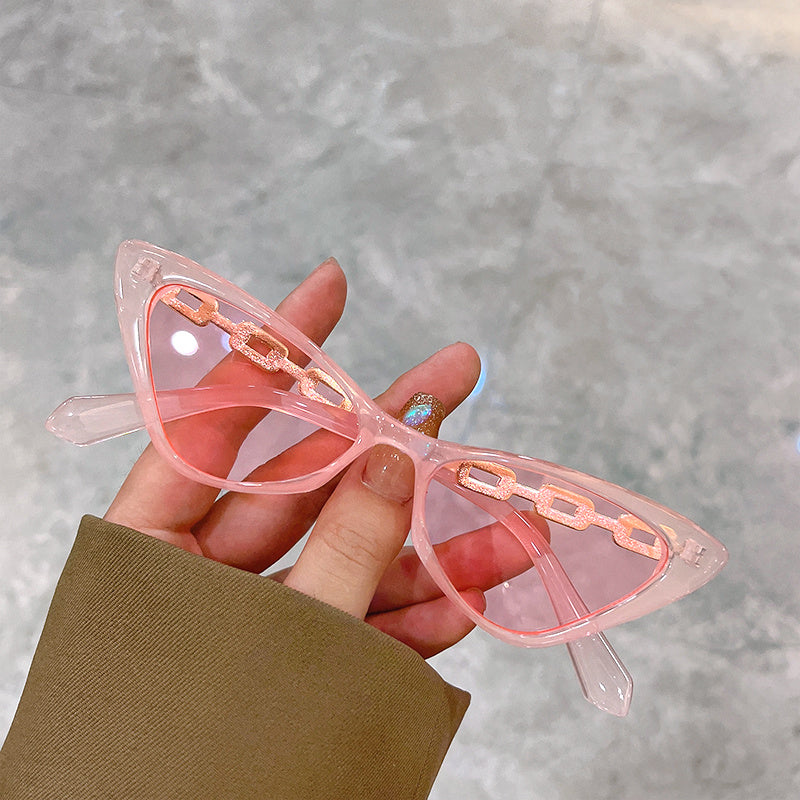 Cat Eye For Women Men Color Block Vintage Tinted Lens Chain Detail Eyewear UV Blocking