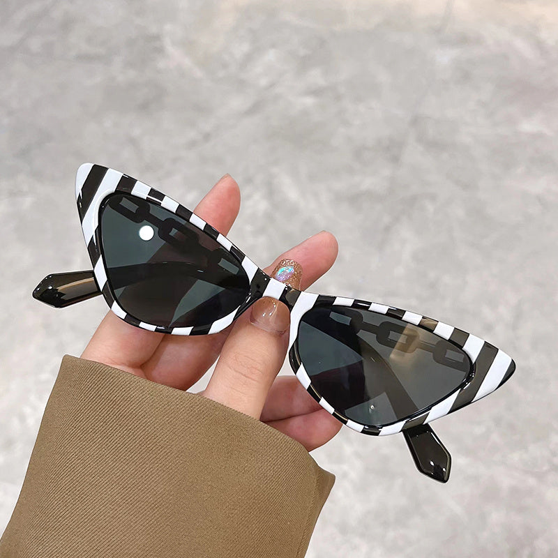 Cat Eye For Women Men Color Block Vintage Tinted Lens Chain Detail Eyewear UV Blocking