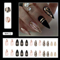 24 Pcs Black Golden Press On Nails Medium, Almond Shape Fake Nails Glossy Dark Series Glue On Nails Full Cover False Nails With Leaf And Line Designs Medium Acrylic Nails For Women Girls & French Y2k Summer & & 1pc Nail File