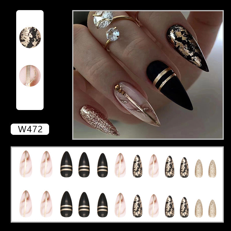 24 Pcs Black Golden Press On Nails Medium, Almond Shape Fake Nails Glossy Dark Series Glue On Nails Full Cover False Nails With Leaf And Line Designs Medium Acrylic Nails For Women Girls & French Y2k Summer & & 1pc Nail File