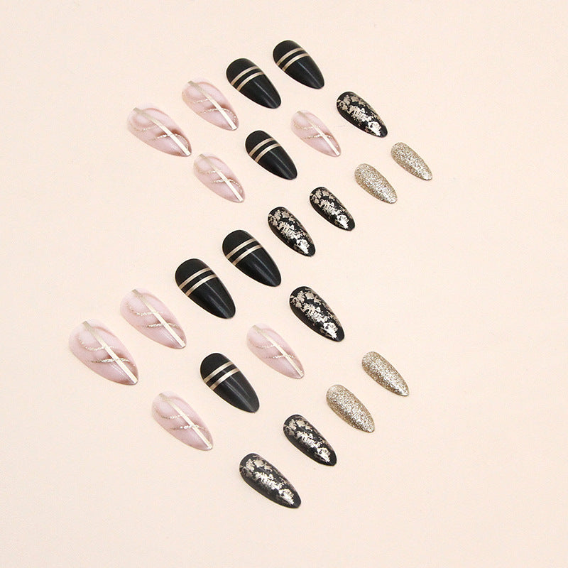 24 Pcs Black Golden Press On Nails Medium, Almond Shape Fake Nails Glossy Dark Series Glue On Nails Full Cover False Nails With Leaf And Line Designs Medium Acrylic Nails For Women Girls & French Y2k Summer & & 1pc Nail File
