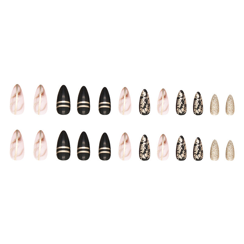 24 Pcs Black Golden Press On Nails Medium, Almond Shape Fake Nails Glossy Dark Series Glue On Nails Full Cover False Nails With Leaf And Line Designs Medium Acrylic Nails For Women Girls & French Y2k Summer & & 1pc Nail File