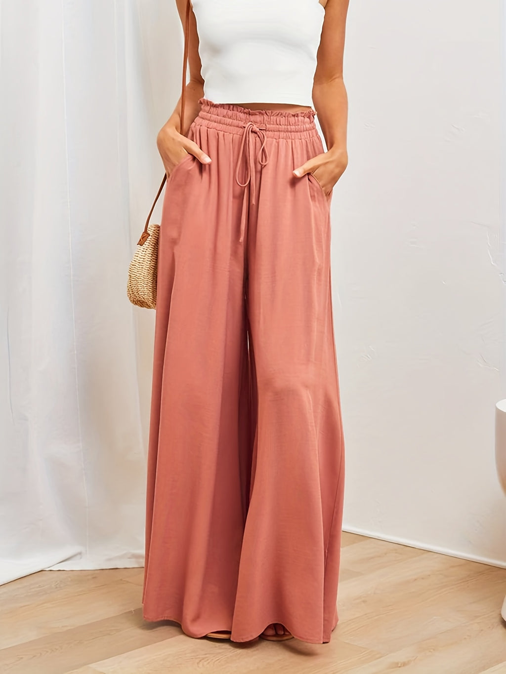 Boho Drawstring Wide Leg Pants, Casual Smocked Waist Elastic Palazzo Pants For Spring & Summer, Women's Clothing
