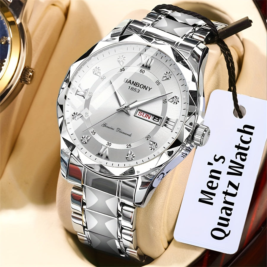 1pc Stainless Steel Strap Men'S Roman Numerals Dial Rhinestones Multifunctional Watch, Ideal for Birthday, Holiday Gifts Valentine'S Day