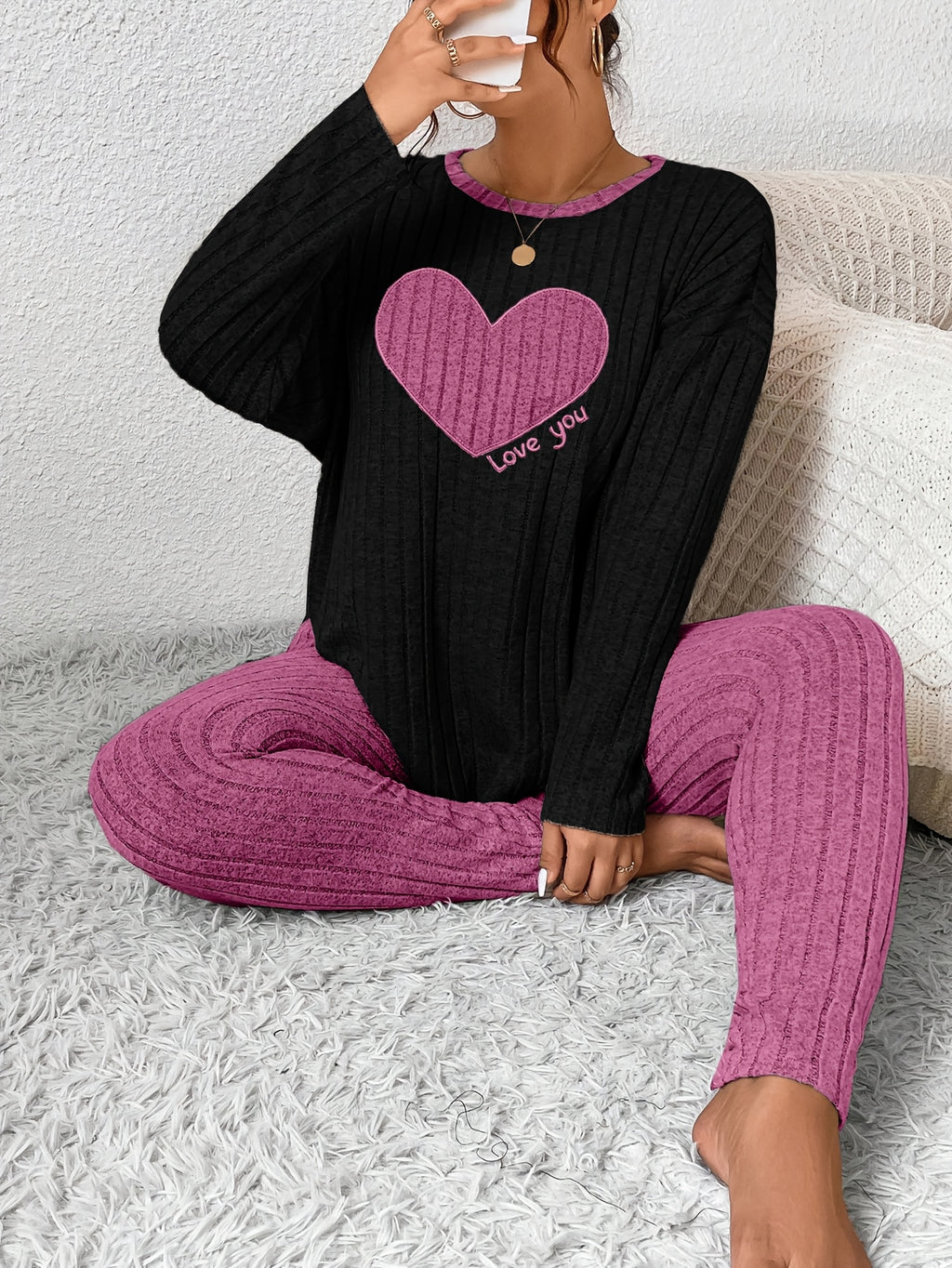 Plus Size Heart Fitted Long Sleeve And Long Pants Loungewear Set