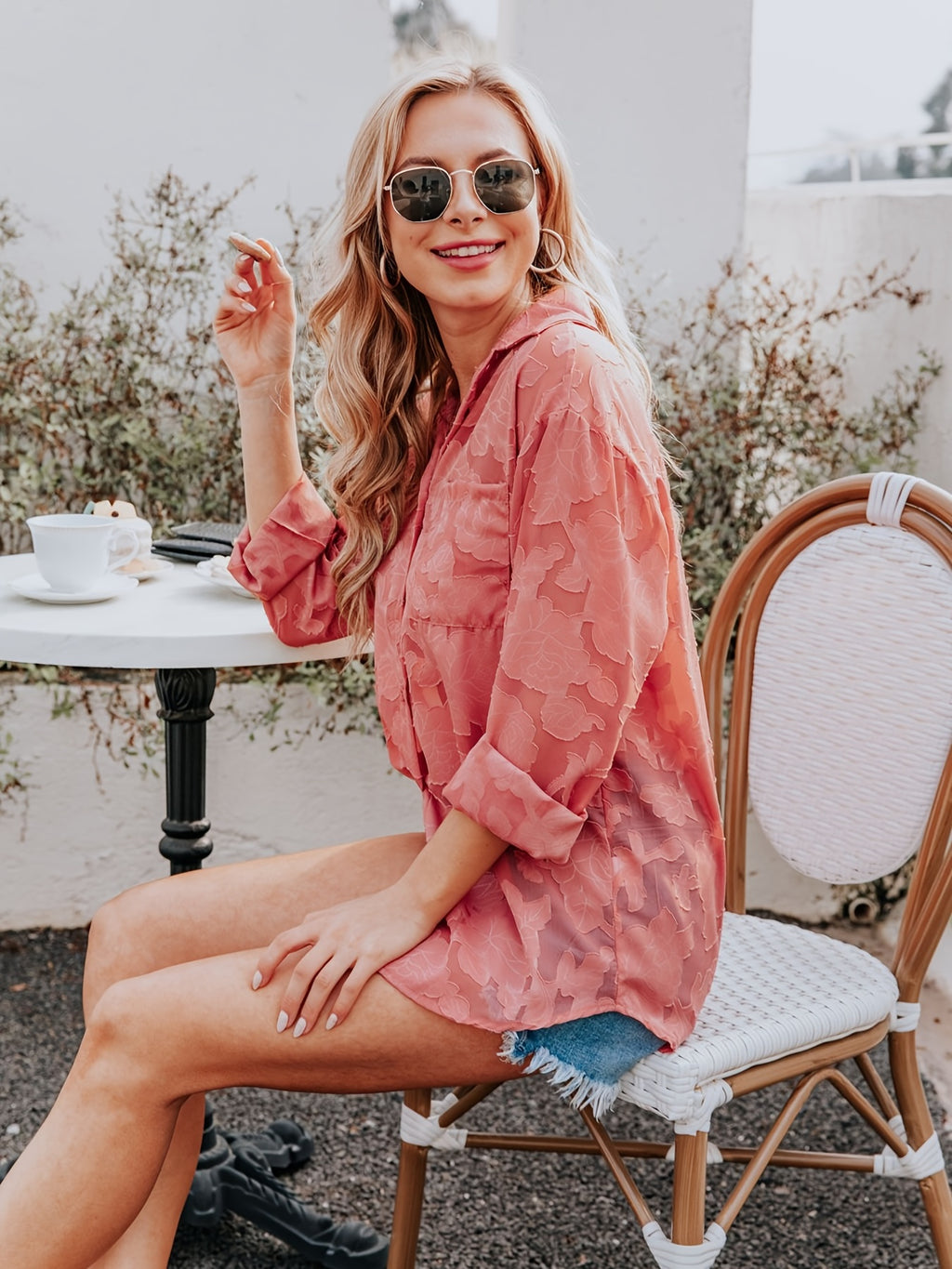 Chiffon V-neck Loose Lapel Blouses, Casual Button Down Long Sleeve Fashion Shirts Tops, Women's Clothing