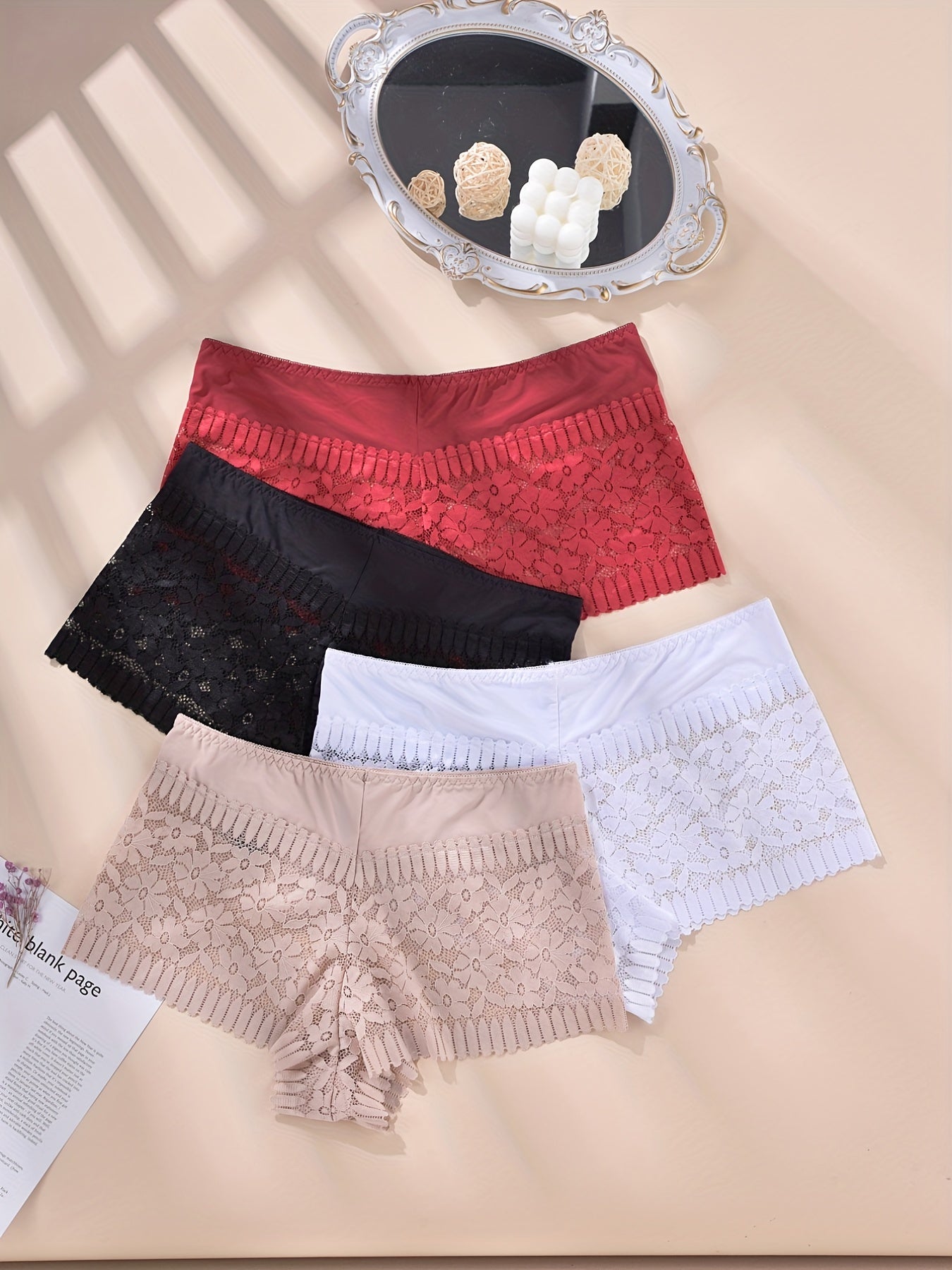 4 Pack Plus Size Elegant Underwear Set, Women's Plus Floral Jacquard Contrast Lace Underwear Four Piece Set