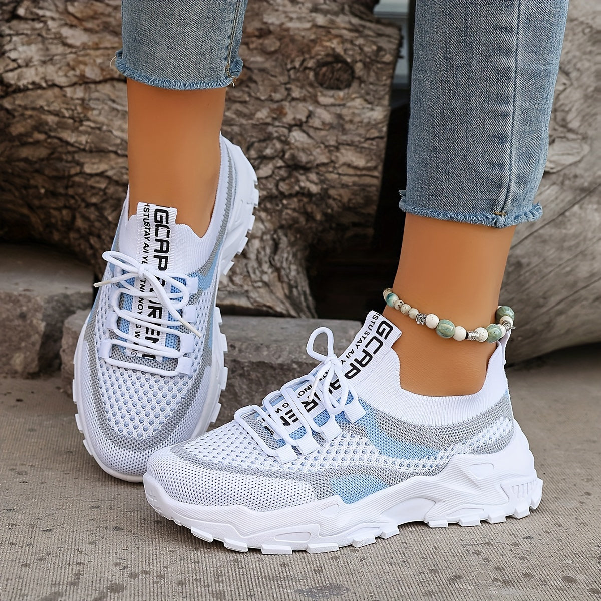 Women'S Color-Blocked Casual Sneakers, Breathable Lace-Up Running Shoes with Flying Woven Design, Stylish Mesh Platform Casual Footwear.
