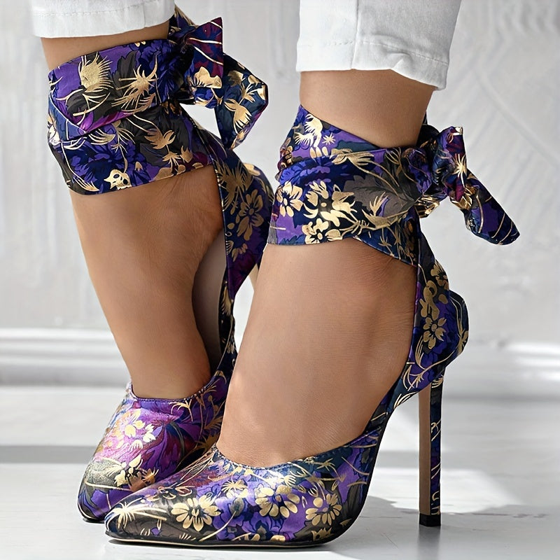 Women's Floral Printed Satin High Heels, Fashion Pointed Toe Lace Up D'Orsay Stiletto Sandals, Party & Dress Pumps