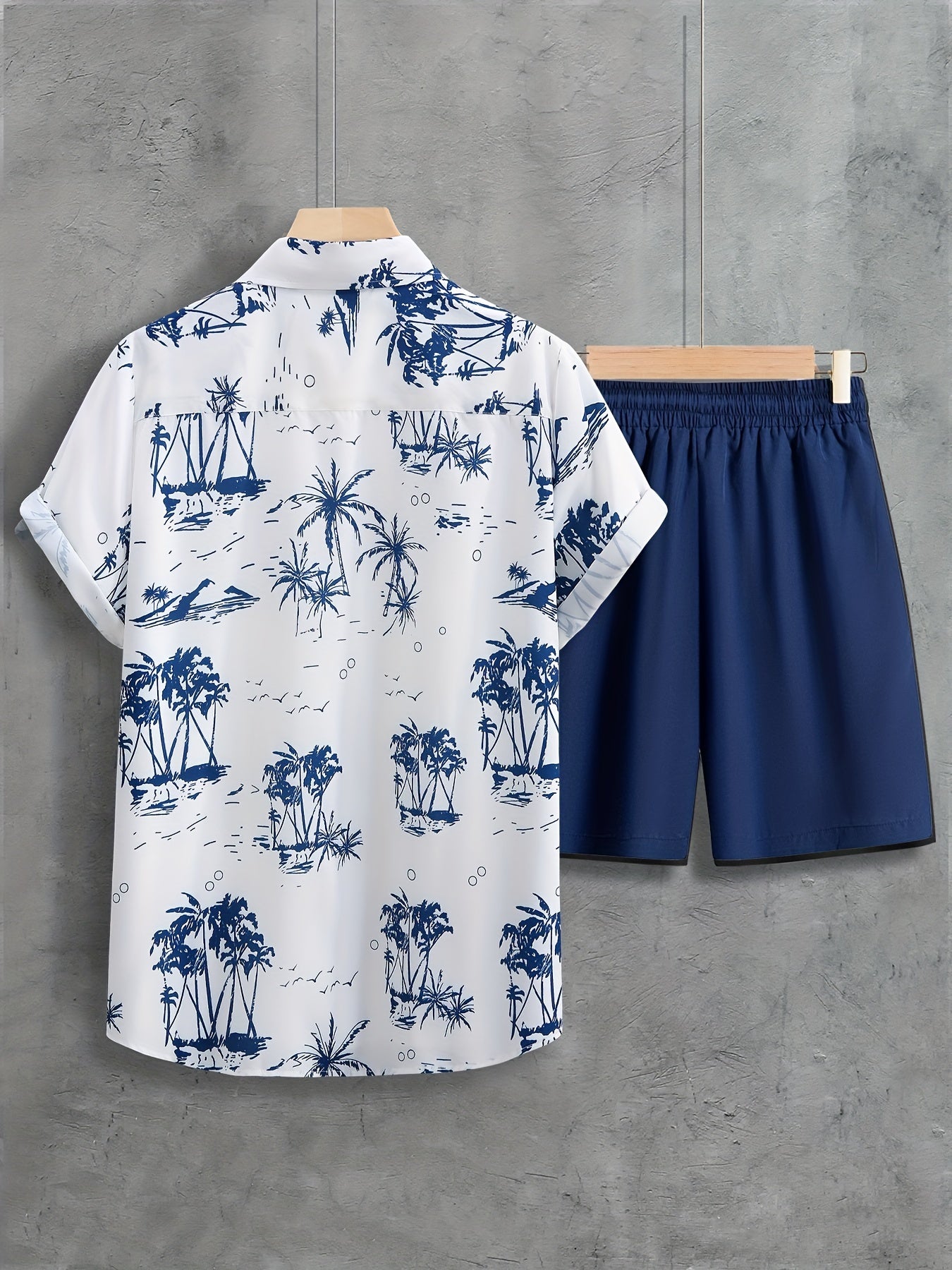 Coconut Trees, Men's 2pcs, Short Sleeve Graphic Print Button Up Shirt And Drawstring Shorts co ord set