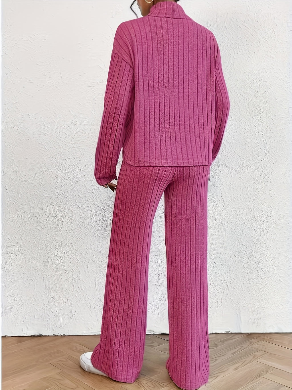 Solid Ribbed Two-piece Set, Casual Mock Neck T-shirt & Wide Leg Pants Outfits, Women's Clothing