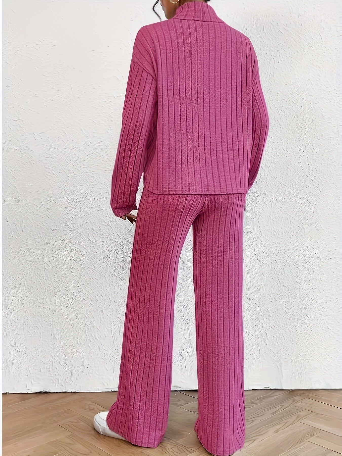 Solid Ribbed Two-piece Set, Casual Mock Neck T-shirt & Wide Leg Pants Outfits, Women's Clothing