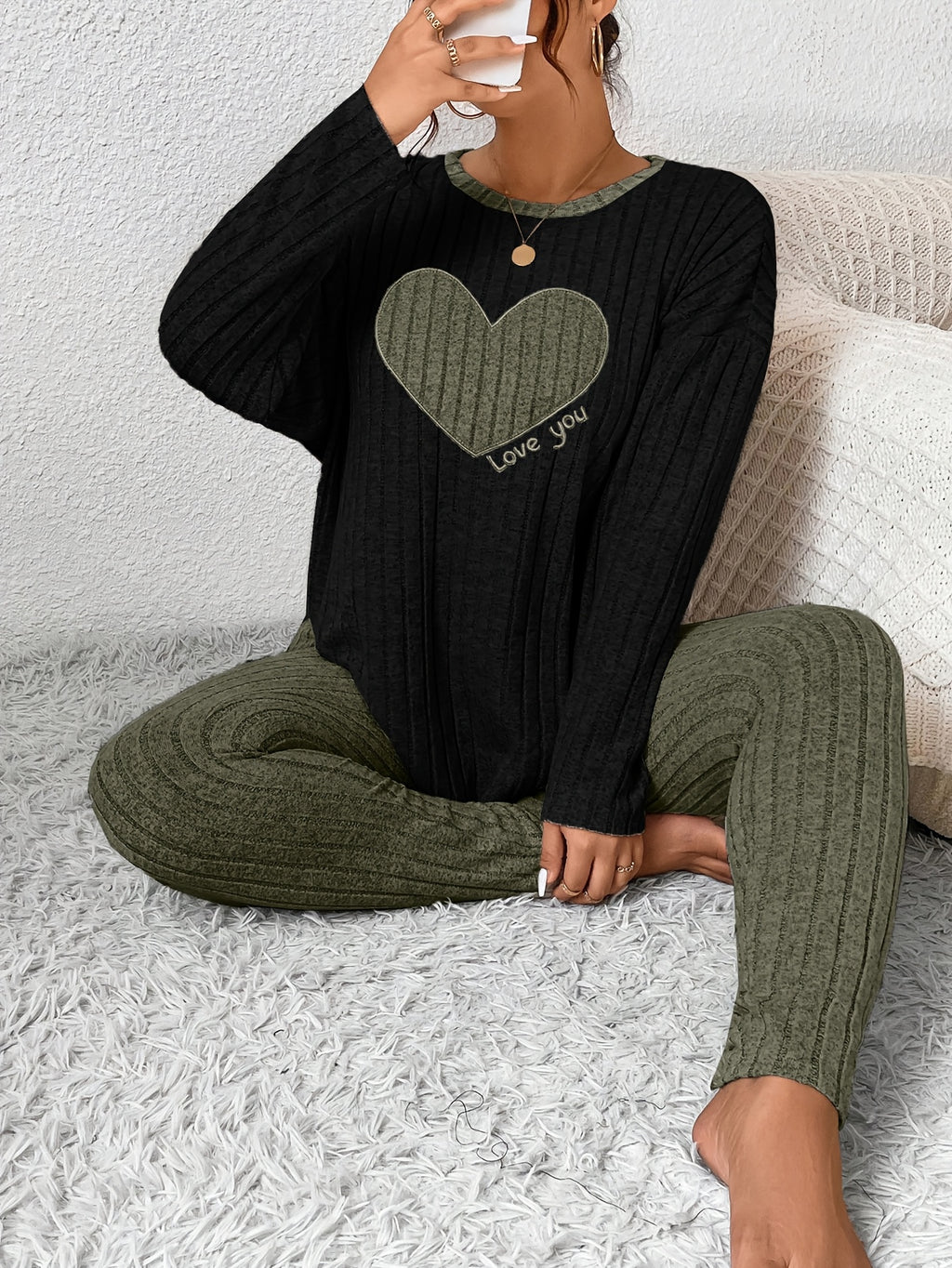Plus Size Heart Fitted Long Sleeve And Long Pants Loungewear Set