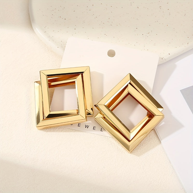 1 Pair Golden-Tone Multi-Layered Square & Irregular Geometric Statement Earrings - Chic Zinc Alloy Design for Daily Wear, Work, Travel, and Gifting