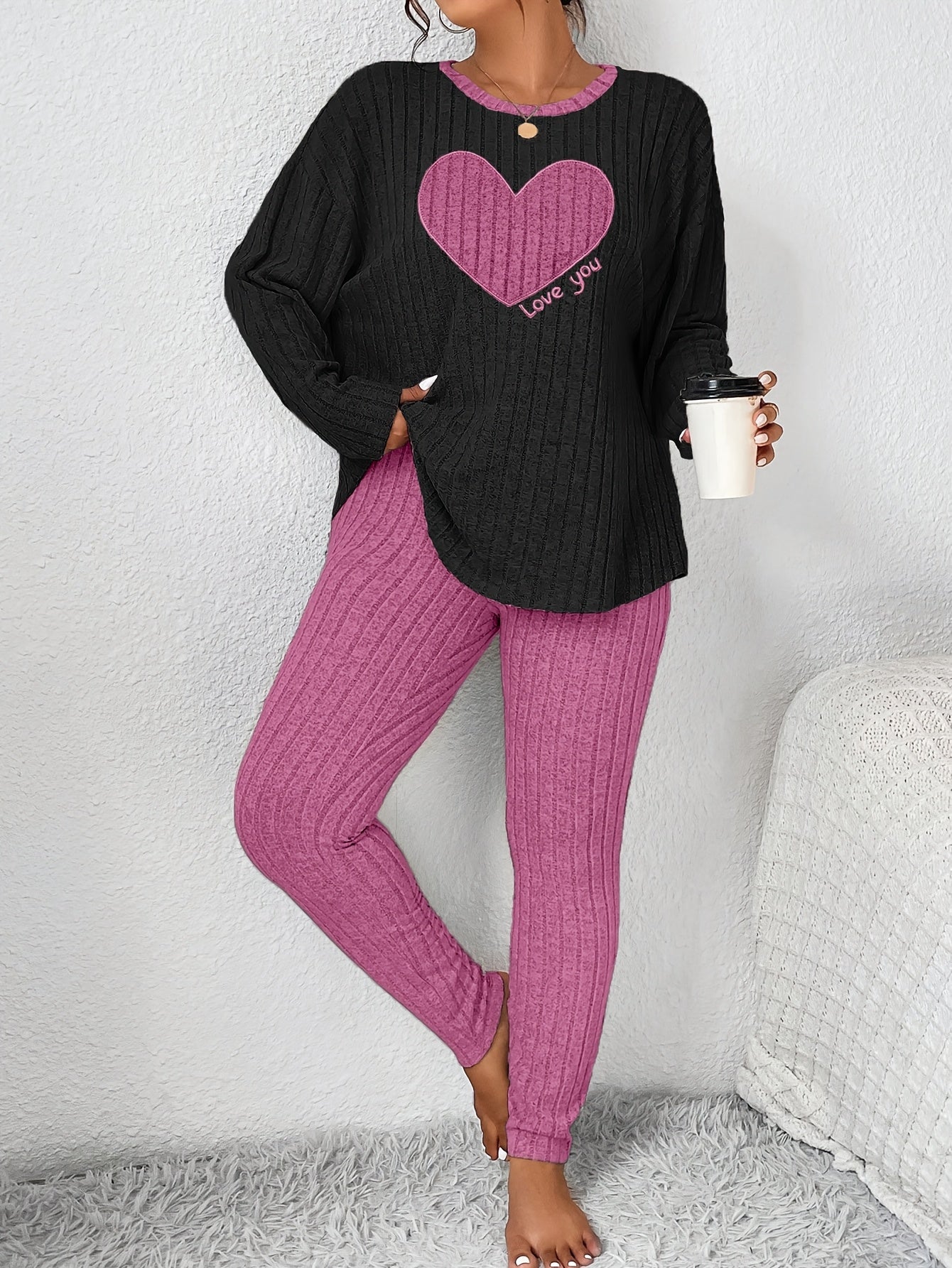 Plus Size Heart Fitted Long Sleeve And Long Pants Loungewear Set