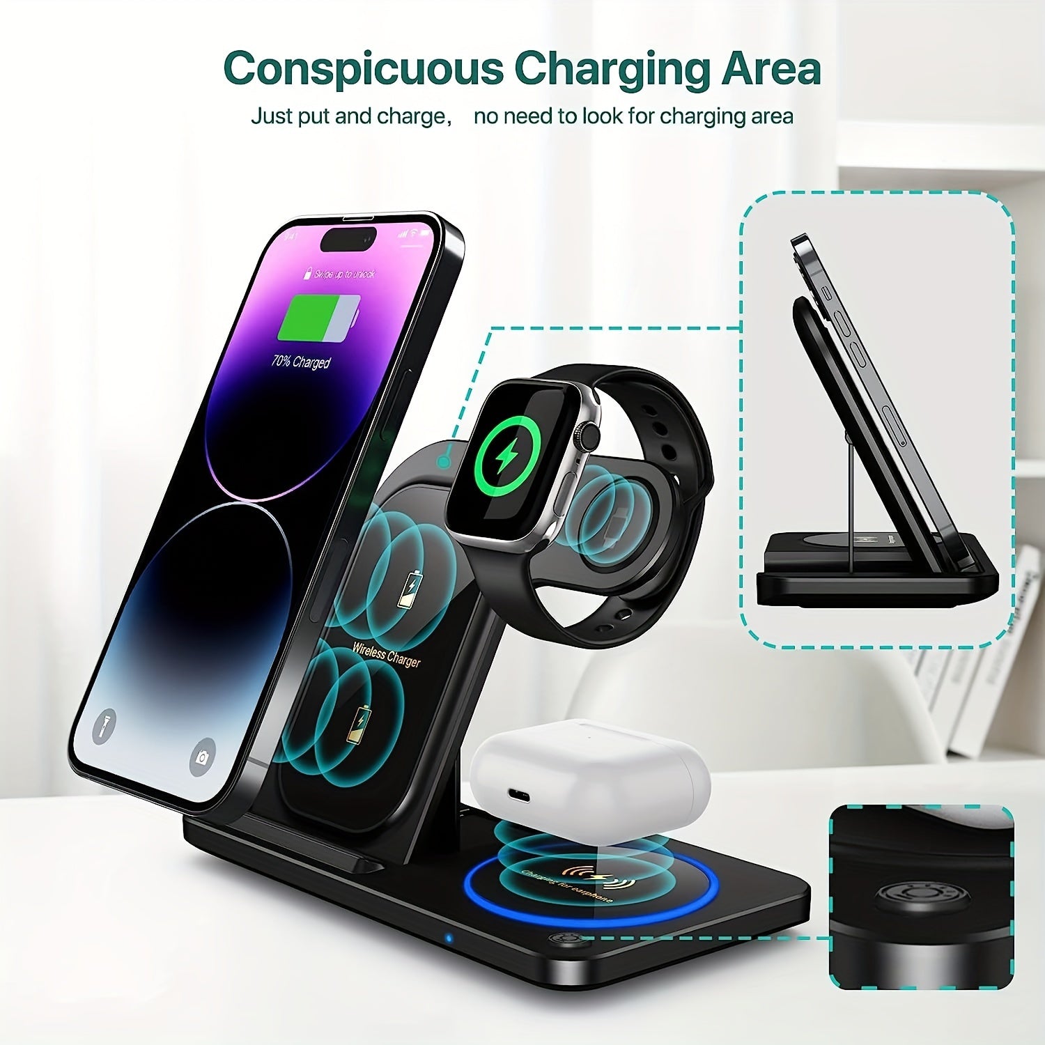 A 3-In-1 Foldable Wireless Charging Station That Quickly Charges Iphones 17 Through 8, Including Pro, Max, Mini, And SE Models, As Well As Various for iwatch And for airpods Versions, Phone Holder For Desk, Phone Stand For De