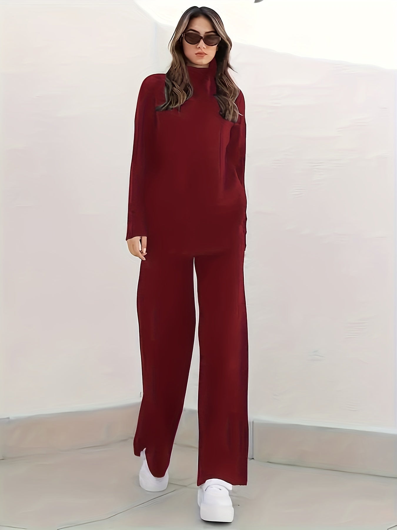 Solid Ribbed Two-piece Set, Casual Mock Neck T-shirt & Wide Leg Pants Outfits, Women's Clothing