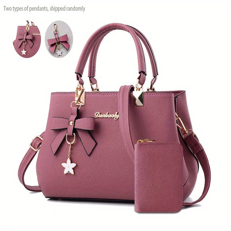 Chic Bow Decor Handbag for Women - Versatile Top Handle Satchel with Coin Purse, Adjustable Strap, And Zip Closure - Available in Khaki, Dark Pink, Light, - Synthetic Material with Acrylic Lining, Cute Handbag