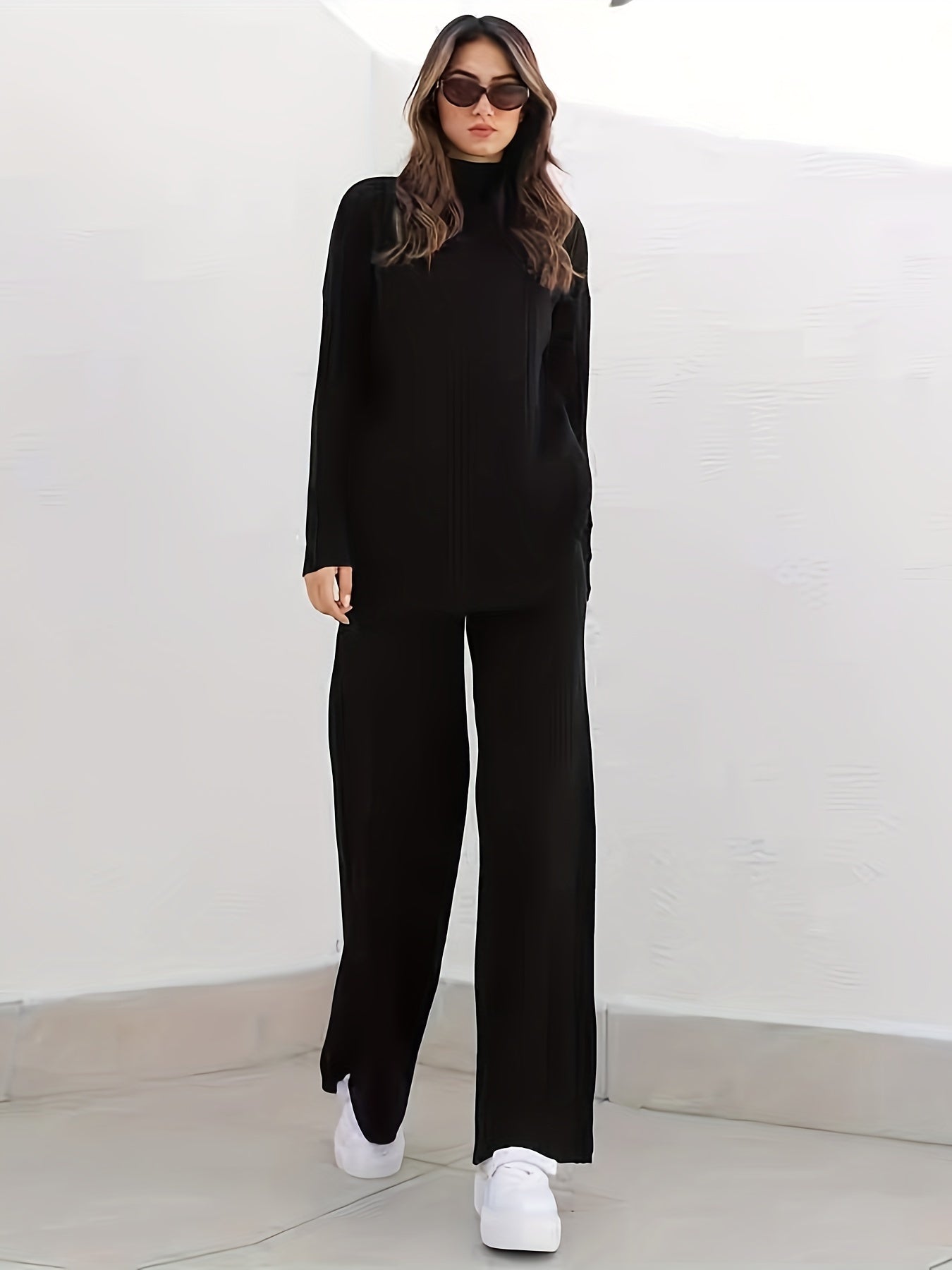 Solid Ribbed Two-piece Set, Casual Mock Neck T-shirt & Wide Leg Pants Outfits, Women's Clothing