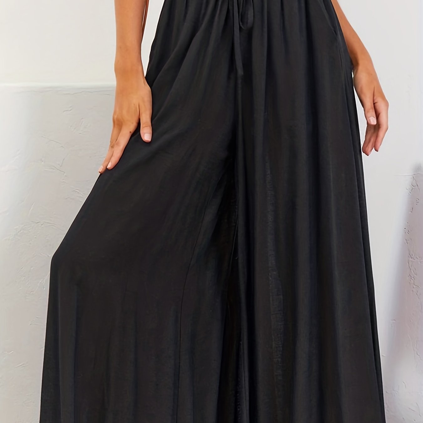 Boho Drawstring Wide Leg Pants, Casual Smocked Waist Elastic Palazzo Pants For Spring & Summer, Women's Clothing