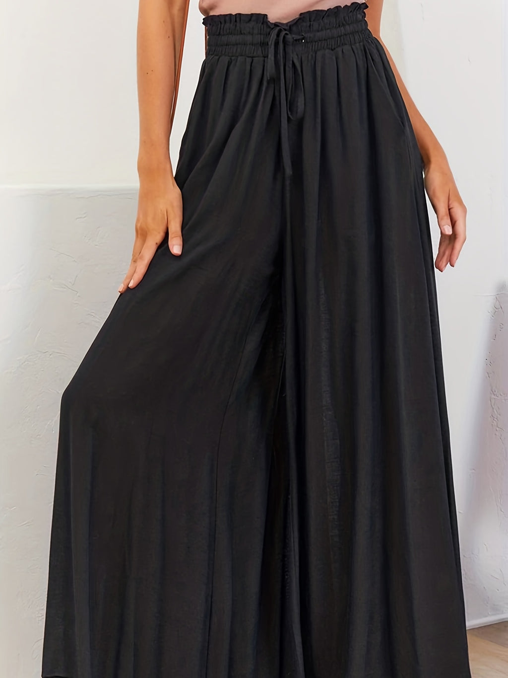 Boho Drawstring Wide Leg Pants, Casual Smocked Waist Elastic Palazzo Pants For Spring & Summer, Women's Clothing