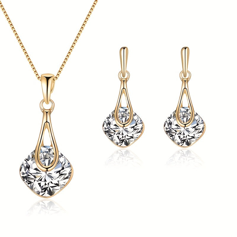 Inlaid Square Shape Artificial Crystal Jewelry Set With Pendant Necklace & Drop Earrings Prom Costume Jewelry Set For Women