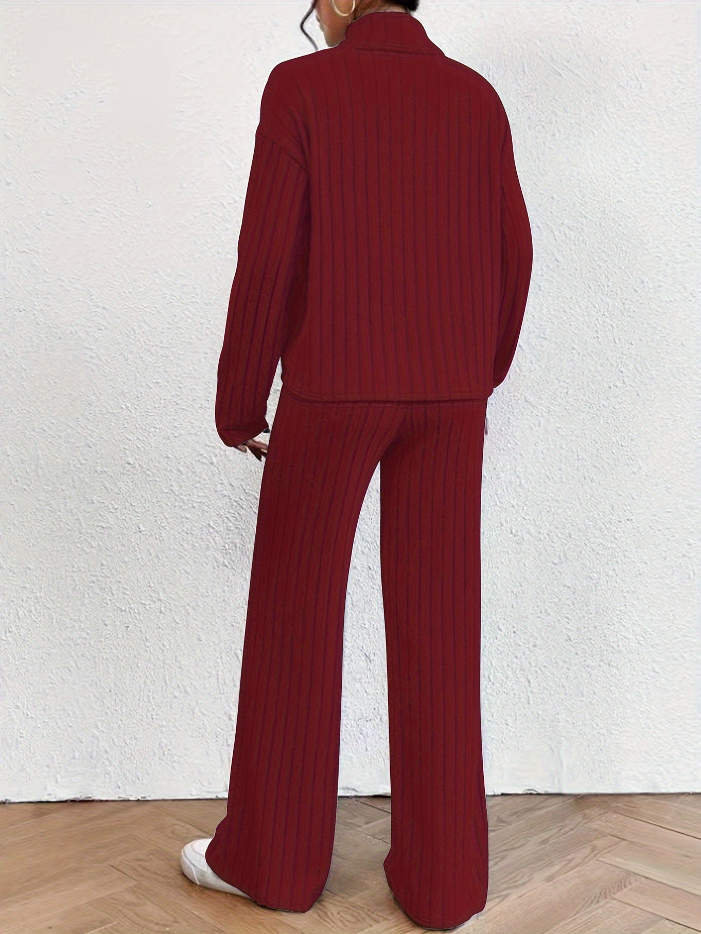 Solid Ribbed Two-piece Set, Casual Mock Neck T-shirt & Wide Leg Pants Outfits, Women's Clothing