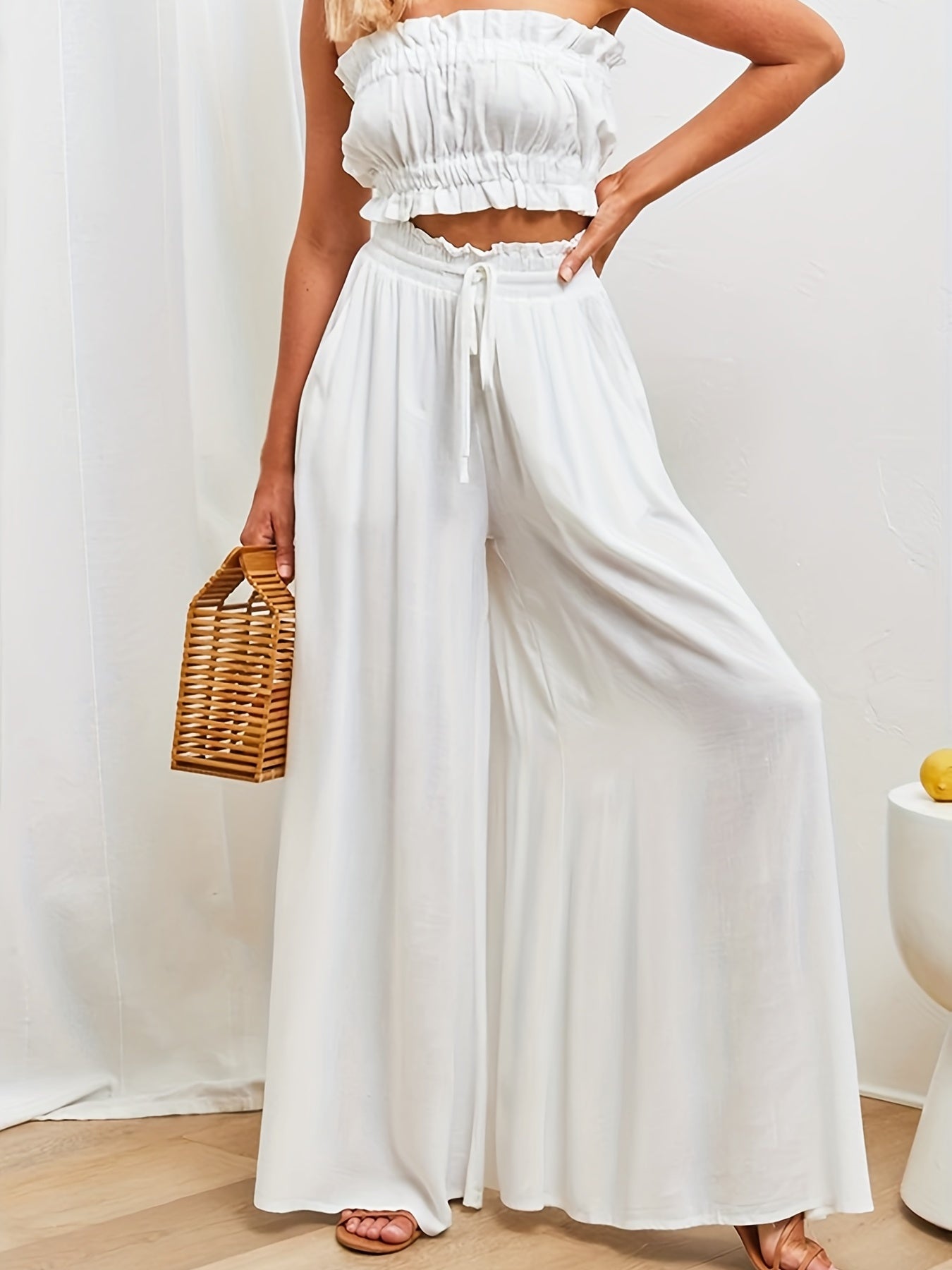 Boho Drawstring Wide Leg Pants, Casual Smocked Waist Elastic Palazzo Pants For Spring & Summer, Women's Clothing