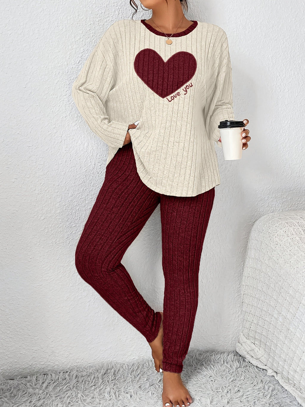 Plus Size Heart Fitted Long Sleeve And Long Pants Loungewear Set