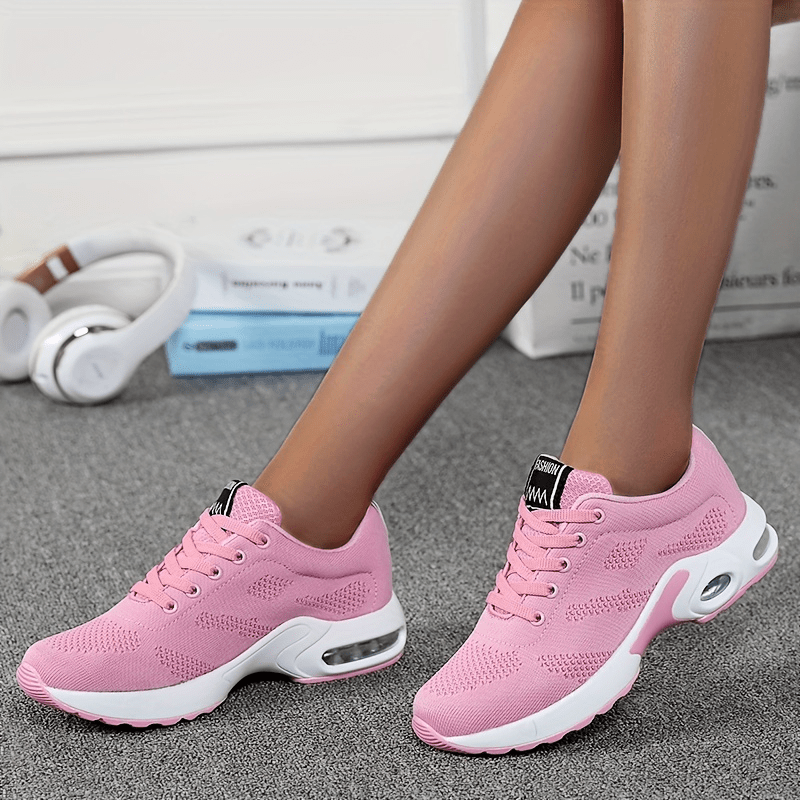 Women's Air Cushion Sneakers, Flying Woven Shock Absorbing Running Shoes, Lace Up Comfortable Outdoor Sports Shoes