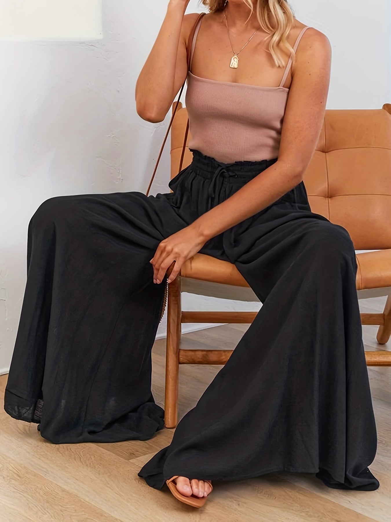 Boho Drawstring Wide Leg Pants, Casual Smocked Waist Elastic Palazzo Pants For Spring & Summer, Women's Clothing