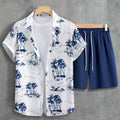 Coconut Trees, Men's 2pcs, Short Sleeve Graphic Print Button Up Shirt And Drawstring Shorts co ord set