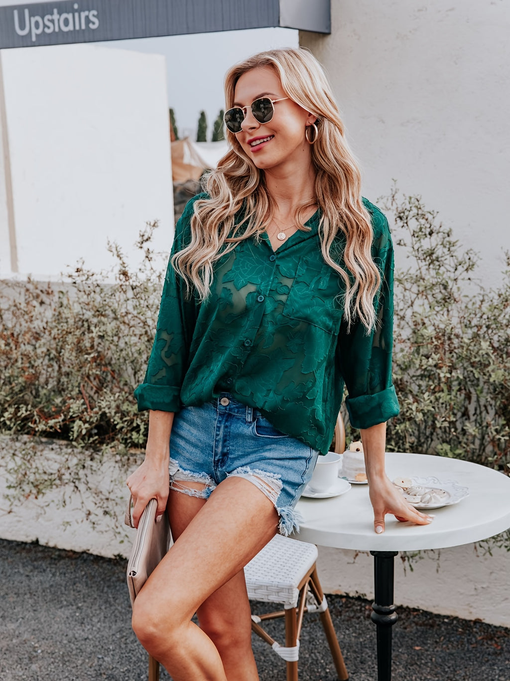 Chiffon V-neck Loose Lapel Blouses, Casual Button Down Long Sleeve Fashion Shirts Tops, Women's Clothing