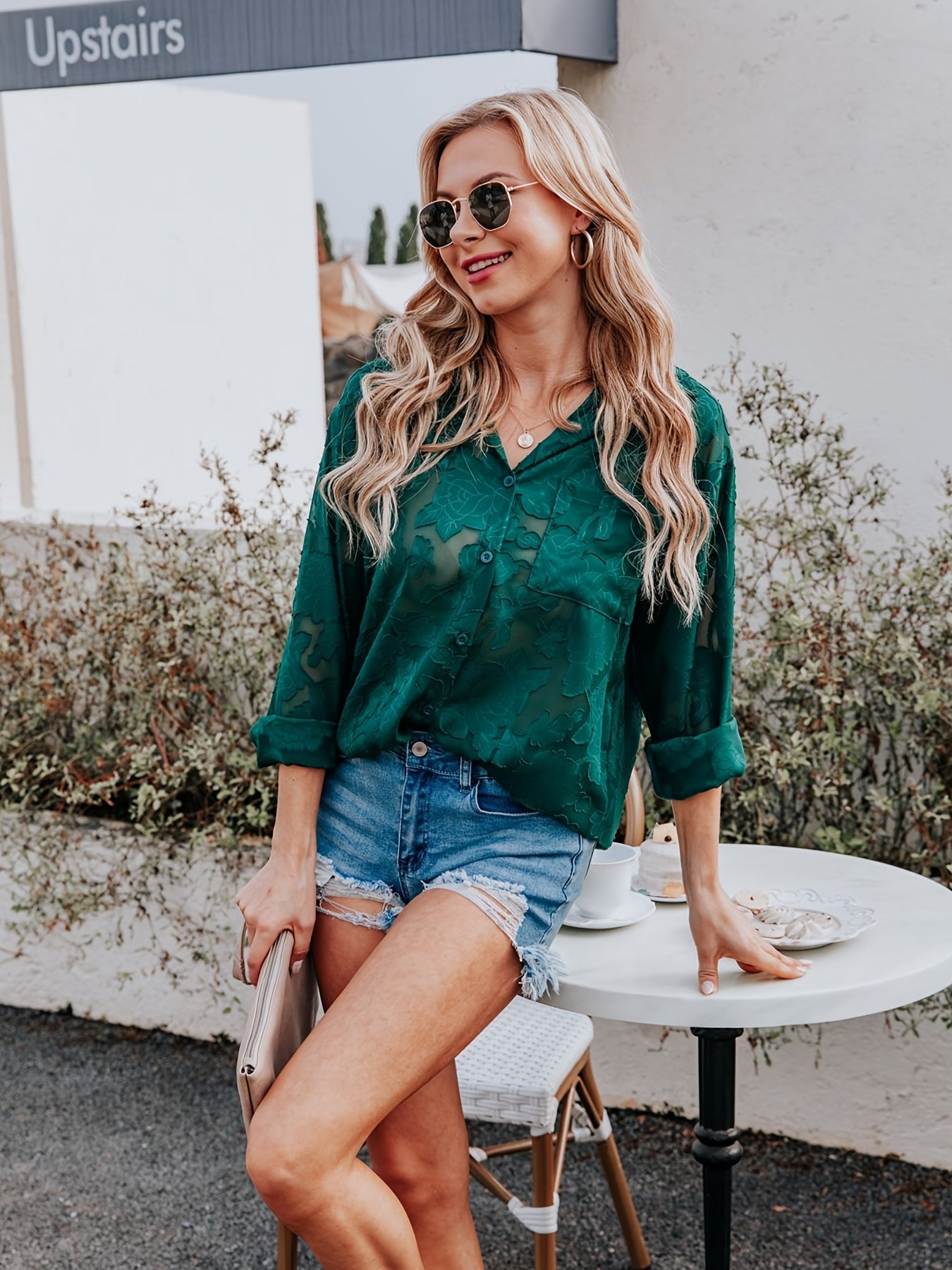 Chiffon V-neck Loose Lapel Blouses, Casual Button Down Long Sleeve Fashion Shirts Tops, Women's Clothing