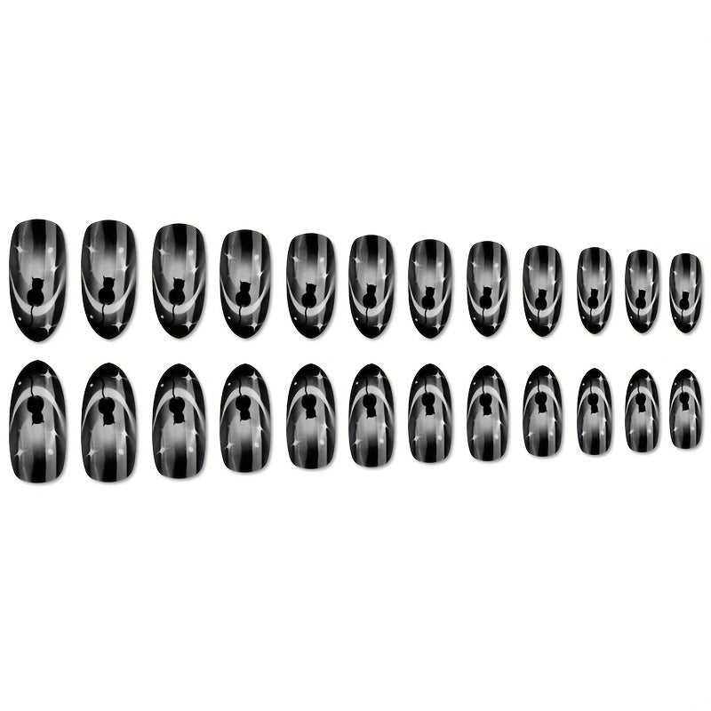 24pcs Glossy Black Gradient French Tip Press On Nails with Cute Cat, Star, and Moon Design - Full Cover False Nails for Women and Girls, Halloween Nails