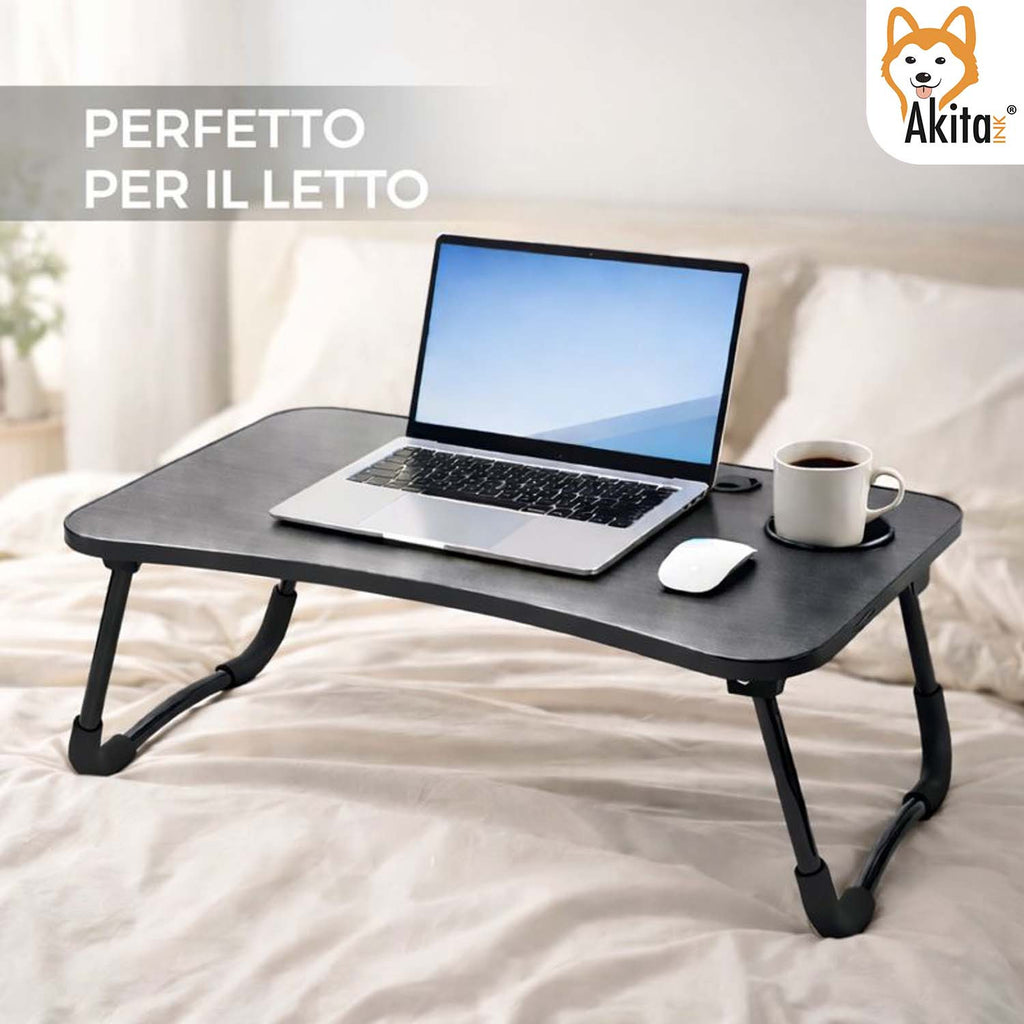 AkitaInk Foldable Desk Tray for PC - Portable Stand with Drawer and Cup Holder, Bedside and Sofa Table, Black, 60×40×26 cm