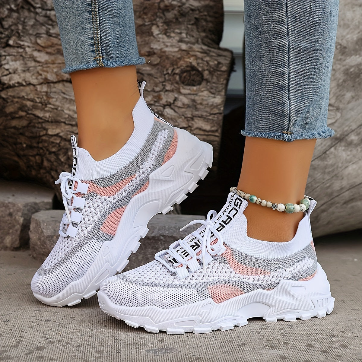 Women'S Color-Blocked Casual Sneakers, Breathable Lace-Up Running Shoes with Flying Woven Design, Stylish Mesh Platform Casual Footwear.