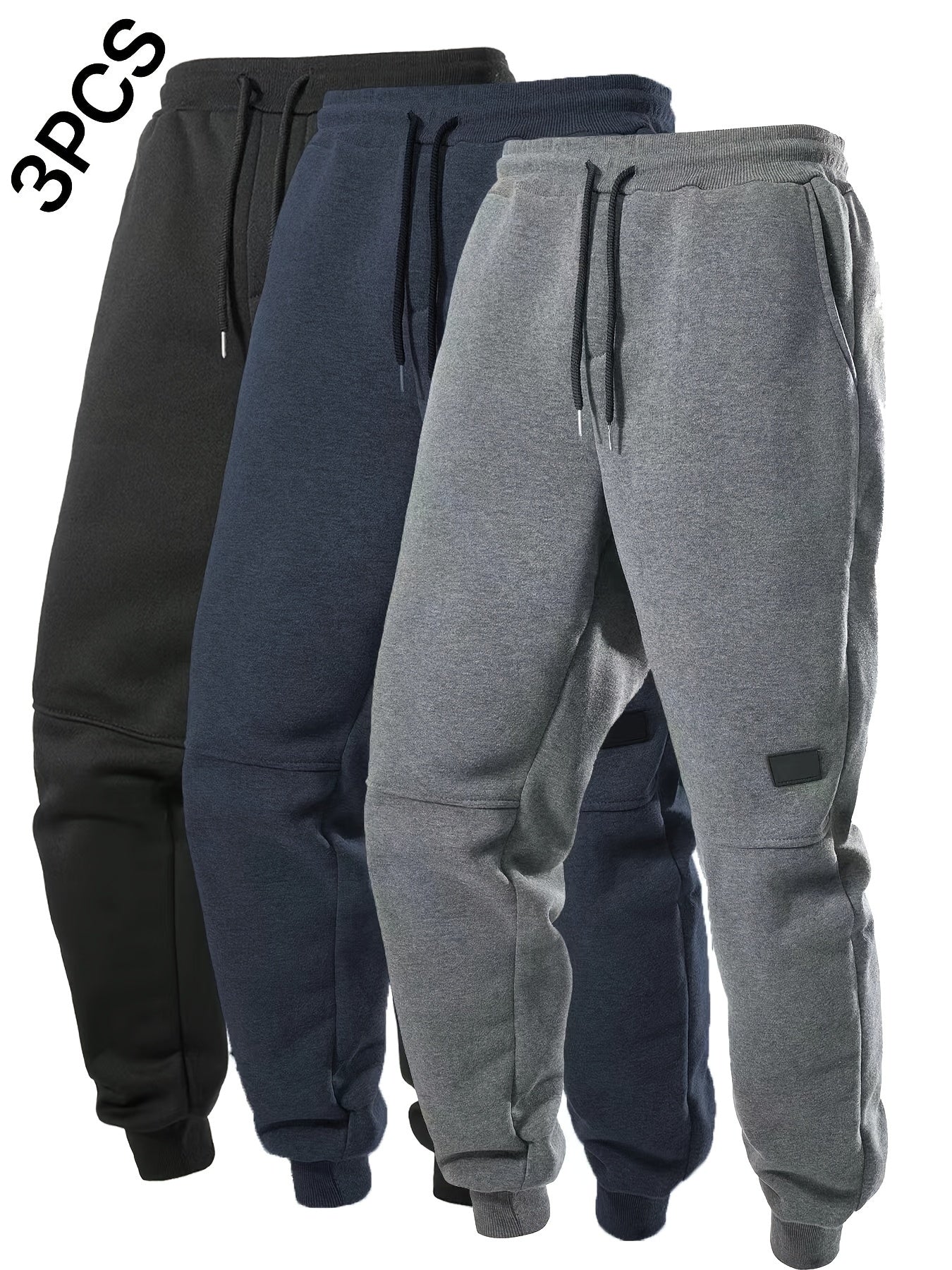 3pcs Men'S Joggers with Elastic Waistband & Drawstring - Casual Solid Color Sweatpants, Regular Fit, Knee-Length, Comfortable for Fall/Winter, Jogging Pants, Jogging P, Everyday Sweatpants, Durable Sweatpants, Winter Joggers,